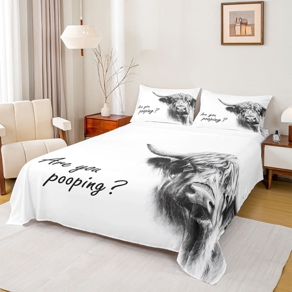 Erosebridal Highland Cow Kids Queen Sheet Sets, Farmhouse Animal Bed Set, 4-Piece