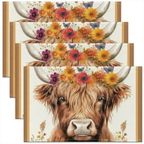 Erosebridal Highland Cow Place Mats Set of 4 for in Door Dinning 12"x18",Floral Flower Table Place Mats for in Door Dining,Animal Decoration