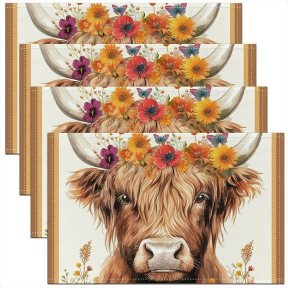 Erosebridal Highland Cow Place Mats Set of 4 for in Door Dinning 12"x18",Floral Flower Table Place Mats for in Door Dining,Animal Decoration