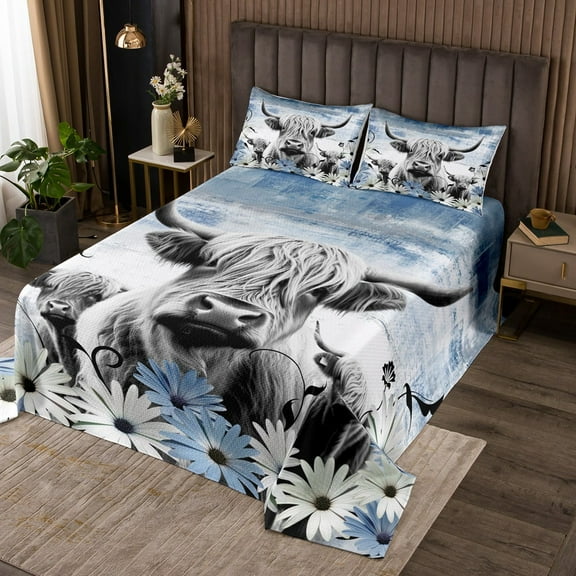 Erosebridal Highland Cow Print Bedspread Queen,Blue Western Farmhouse Quilt Set Rustic Home Decor,Longhorn Cattle Farm Animal Coverlet Set Graffiti Daisy Floral Bedding Set Cowboys