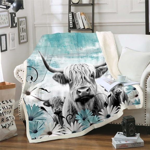 Erosebridal Highland Cow Print Blanket,Teal Western Farmhouse Throw Blanket for Sofa Couch,Longhorn Cattle Farm Animals Fleece Blanket Daisy Flower Sherpa Blanket Cowboys Gifts for Men Women 60"x80"