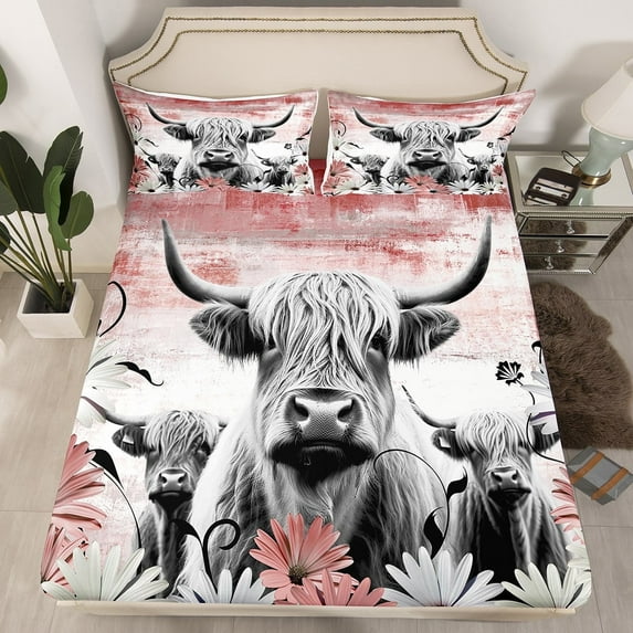 Erosebridal Highland Cow Print Fitted Sheet Twin,Red Western Farmhouse Bedding Set Rustic Home Decor,Longhorn Cattle Farm Animal Bed Sheets Grunge Daisy Flower Bed Set Cowboys