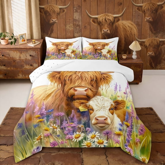 Erosebridal Highland Cow Print Full Size Comforter Sets, Lavender Daisy Blossoms Bedding Sets