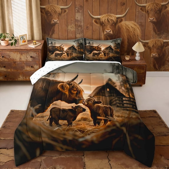 Erosebridal Highland Cow Queen Comforter Set, Brown Farmhouse Lodge Cabin Bedding Comforter Set