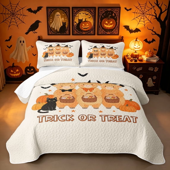 Erosebridal Highland Cow Twin Quilt Set, Trick Or Treat Halloween Twin Coverlet Set, White Orange, 2pcs, 1 Bedspread and 1 Pillowcase