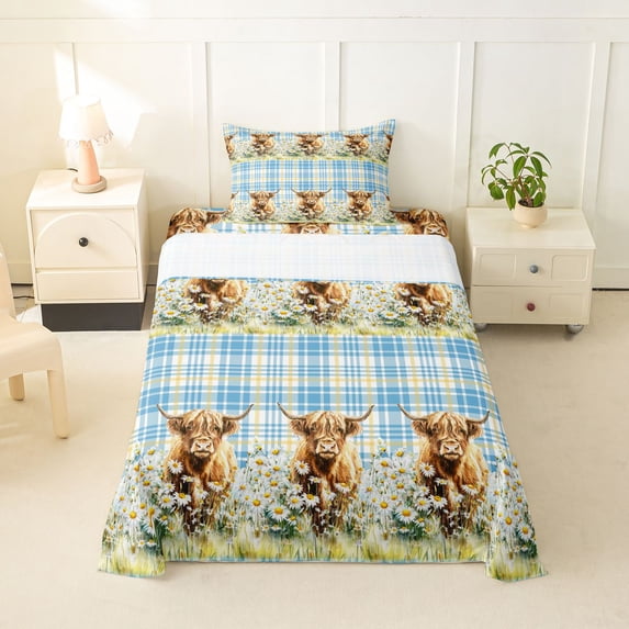 Erosebridal Highland Cow Twin Sheet Sets, Groovy Floral Bedding, Blue Buffalo, 3 Pieces