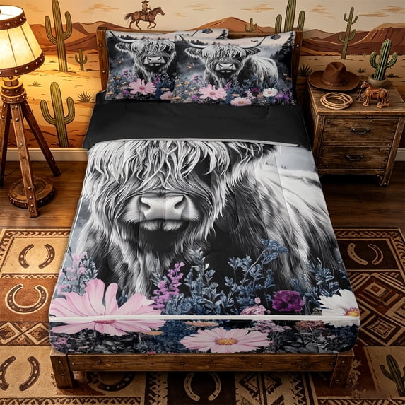 Erosebridal Highland Cow Zipper Twin Comforter Sets with Fitted Sheet and 2 Pillowcases,Wildflower Butterfly Print Zipper Bedding Set,Gray Purple Pink,Black Reversible