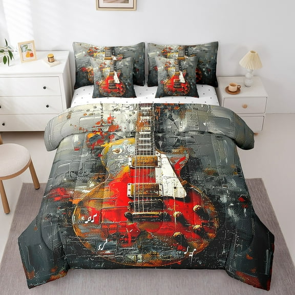 Erosebridal Hip Hop Music Bedding Sets Twin Size, Retro Guitar Comforter Sets with Sheets, Musical Note Decor, 7pcs
