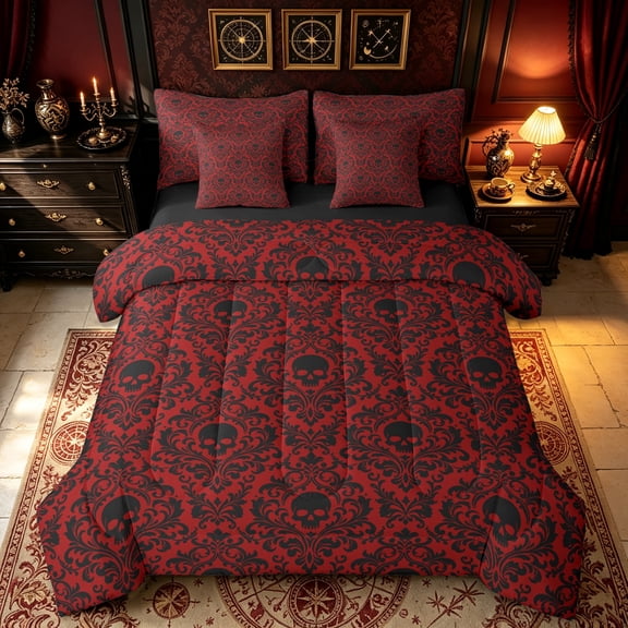 Erosebridal Hippia Skeleton Twin Bedding, Damask Skull Bedding Comforter Set, Burgundy Red, Black Reversible, 7-Piece