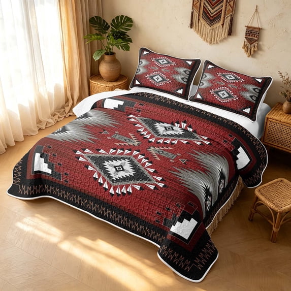 Erosebridal Hippie Aztec Bed Spread Queen, Boho Geometric Queen Coverlet Set, Burgundy Black Gray Copper 3 Pieces, 1 Quilt and 2 Pillowcases