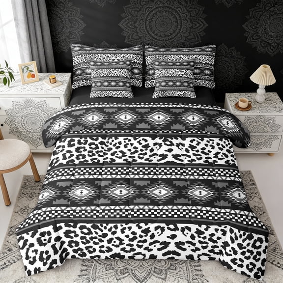 Erosebridal Hippie Aztec Bedding Comforter Set, White Black Cheetah Print Full Bedding Set, Black Reversible 7pcs