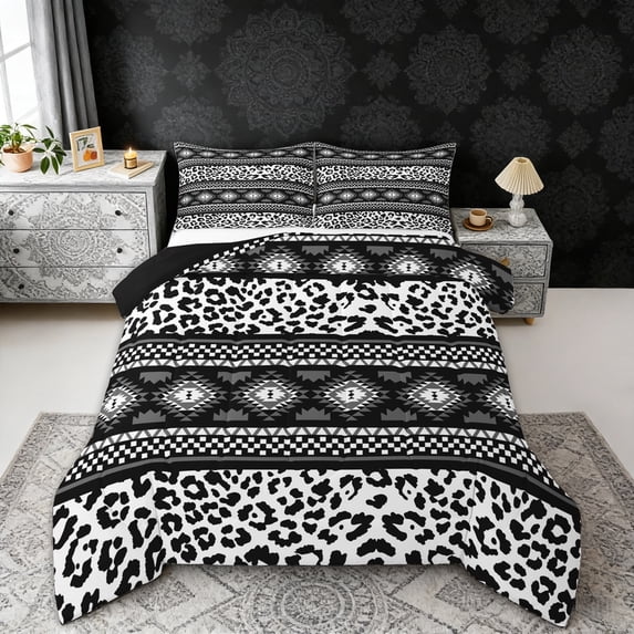 Erosebridal Hippie Aztec Full Size Comforter Sets, White Black Cheetah Print Bedding Sets, Black Reversible 3-Piece, 1 Comforter and 2 Pillowcases
