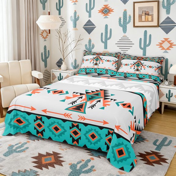 Erosebridal Hippie Aztec Full Size Sheets, Rustic Farmhouse Lodge Cabin Bed Sheets, 4pcs 1 Flat Sheet, 1 Fitted Sheet and 2 Pillowcases