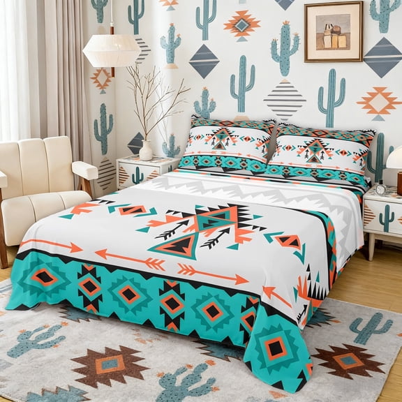 Erosebridal Hippie Aztec Full Size Sheets, Rustic Farmhouse Lodge Cabin Bed Sheets, 4pcs 1 Flat Sheet, 1 Fitted Sheet and 2 Pillowcases