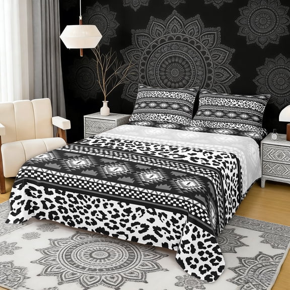 Erosebridal Hippie Aztec Full Size Sheets, White Black Cheetah Print Bed Sheets, 4-Piece 1 Flat Sheet, 1 Fitted Sheet and 2 Pillowcases