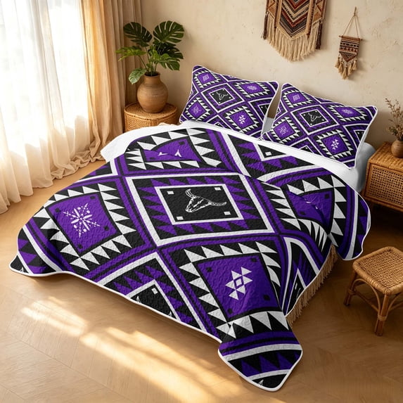 Erosebridal Hippie Aztec Quilt Full, Boho Triangle Full Bedspread Sets, Violet Black White 3pcs, 1 Coverlet and 2 Pillowcases