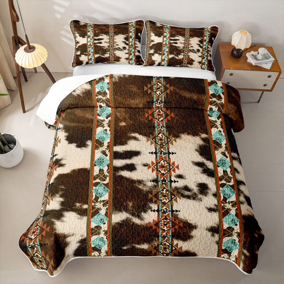 Erosebridal Hippie Cow Print Quilt Full, Mid Century Aztec Full Bedspread Sets, 3 Pieces