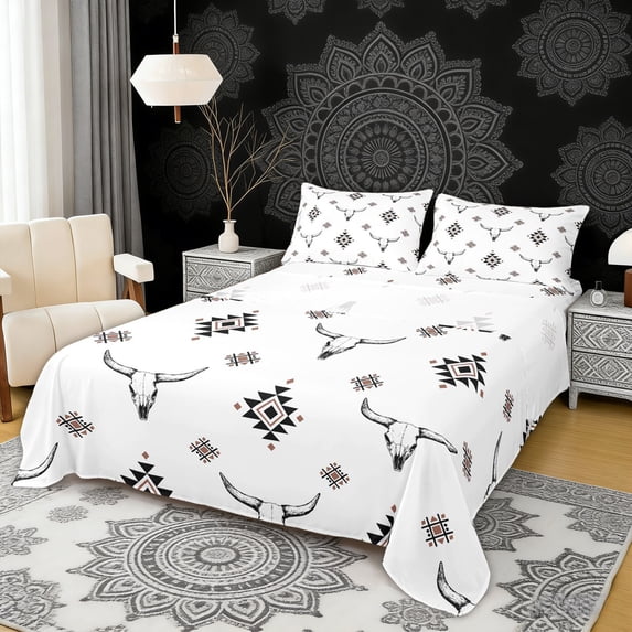 Erosebridal Hippie Cow Skull Queen Sheet Sets, Farmhouse Aztec Bed Set, White Black, 4-Piece 1 Flat Sheet, 1 Fitted Sheet and 2 Pillowcases