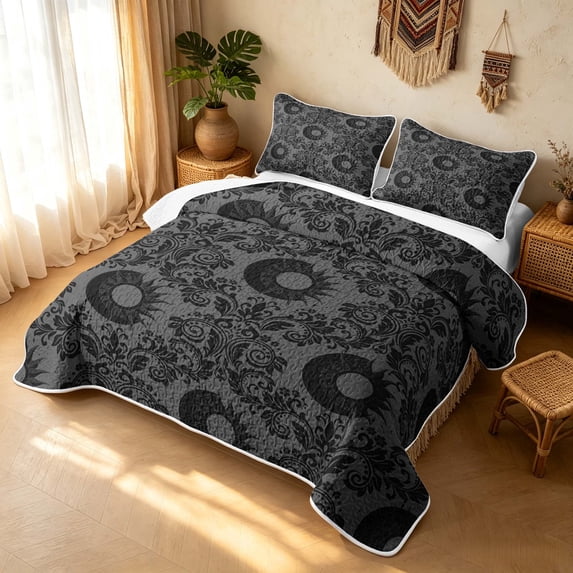 Erosebridal Hippie Damask Bed Spread Queen, Boho Sun Queen Coverlet Set, Black Charcoal Gray 3-Piece, 1 Quilt and 2 Pillowcases