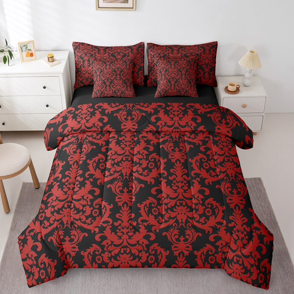 Erosebridal Hippie Damask Bedding Queen Size, Vintage Baroque Flower Comforter Sets with Sheets, Black Red, Reversible 7pcs