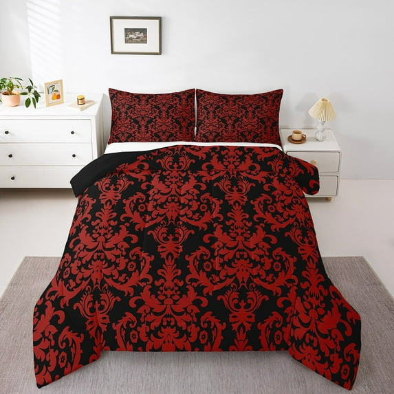Erosebridal Hippie Damask Bedding Sets King with Comforter, Vintage Baroque Flower Duvet Insert, Black Red, Reversible 3pcs
