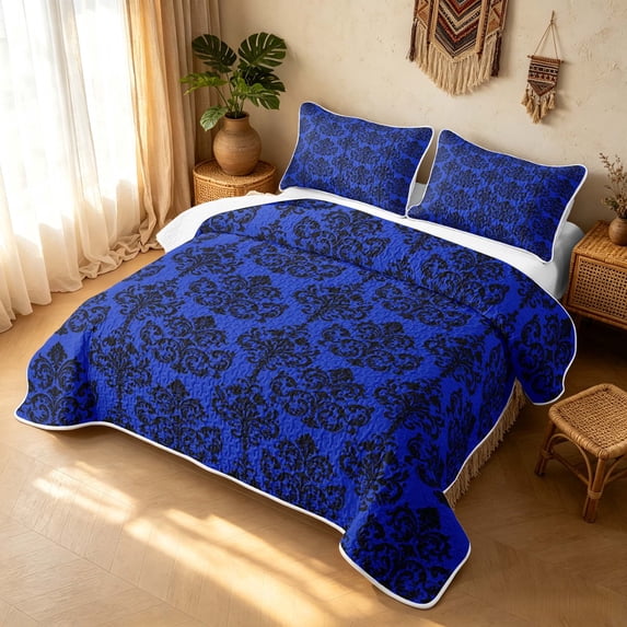 Erosebridal Hippie Damask Twin Quilt Set, Boho Blossom Twin Coverlet Set, Royal Blue Black 2-Piece, 1 Bedspread and 1 Pillowcase