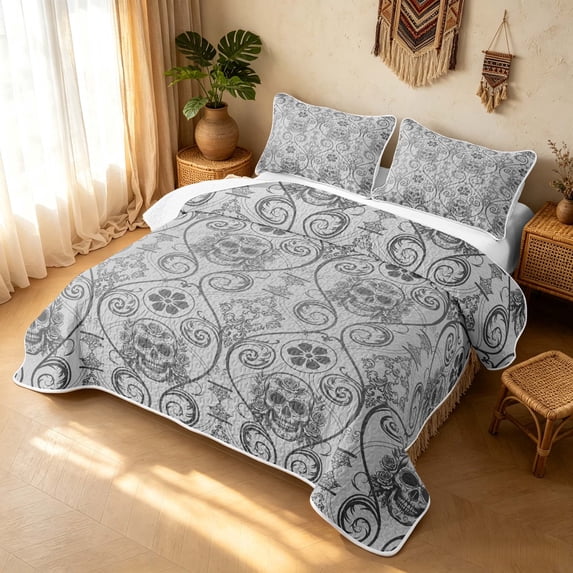 Erosebridal Hippie Damask Twin Quilt Set, Boho Death Skull Twin Coverlet Set, Light Gray Dark Gray 2 Pieces, 1 Bedspread and 1 Pillowcase