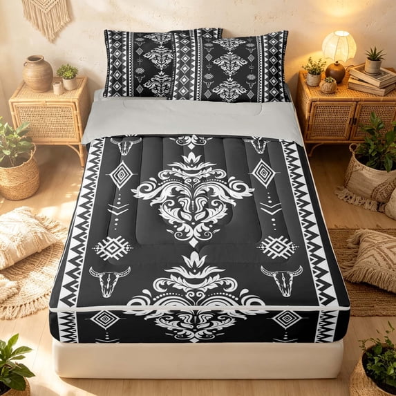 Erosebridal Hippie Damask Zipper Full Size Comforter Sets with Fitted Sheet and 2 Pillowcases, Boho Aztec Zipper Bedding Set, Charcoal White, Gray Reversible