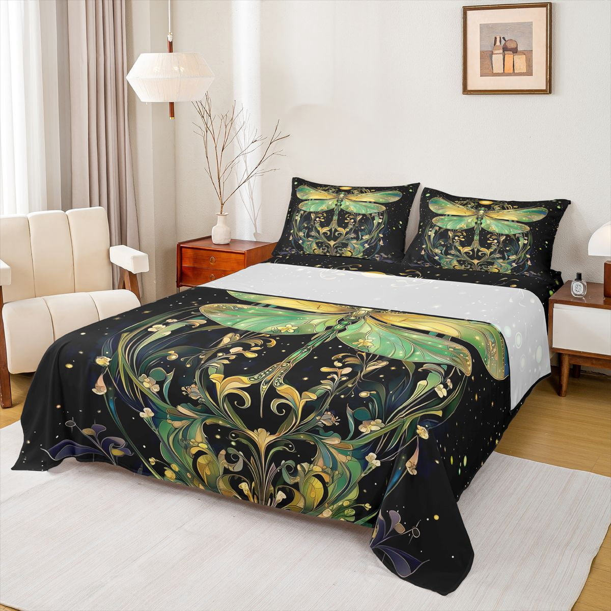 Erosebridal Hippie Dragonfly Queen Sheet Sets, Green Leaves Bed Set, 1 ...