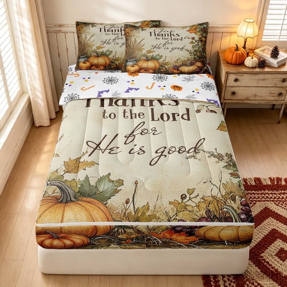 Erosebridal Hippie Fall Grain Zipper Twin Comforter Sets with Fitted Sheet and 2 Pillowcases, Boho Harvest Pumpkin Zipper Bedding Set for Boys Girls, Cream Rust Orange, Halloween Reversible