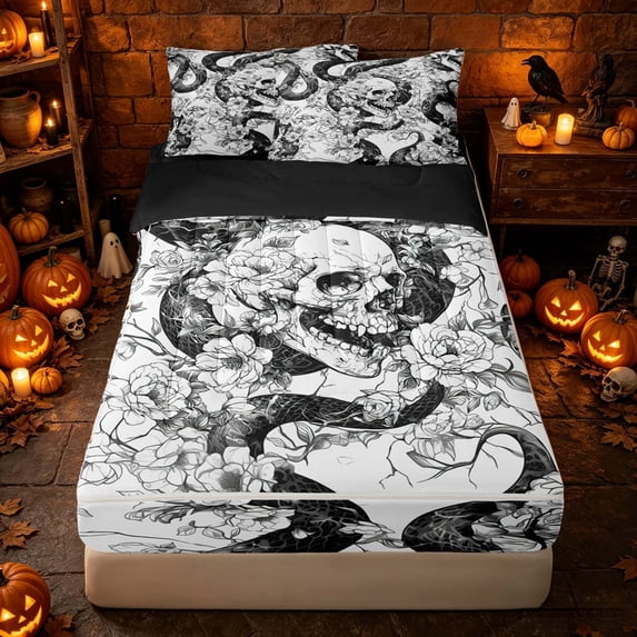 Erosebridal Hippie Floral Zipper Full Size Comforter Sets with Fitted Sheet and 2 Pillowcases, Spooky Snake Skull Zipper Bedding Set for Boys Girls, Black White, Black Reversible
