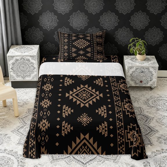 Erosebridal Hippie Geometric Twin Sheet Sets, Black Brown Aesthetic Aztec Bedding, 3-Piece 1 Flat Sheet, 1 Fitted Sheet and 1 Pillowcase