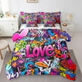 thumbnail image 1 of Erosebridal Hippie Graffiti Bedding Sets Queen Size, Love Print Comforter Sets with Sheets, Street Art Bedroom Decorative, Super Cozy 7 Pieces, 1 of 5