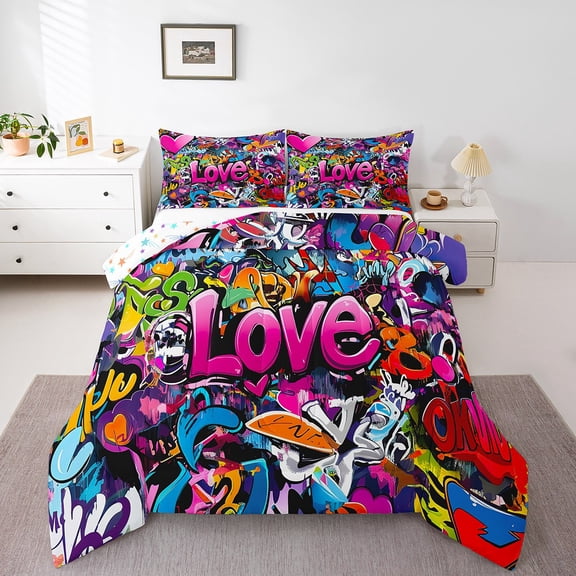 Erosebridal Hippie Graffiti Comforter Sets King Size, Love Print Comforters & Duvets, Street Art Bedroom Decorative, Reversible 3-Piece