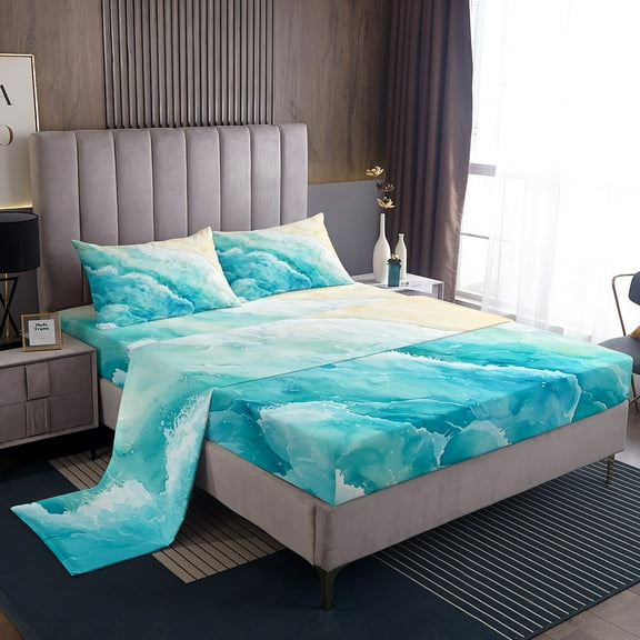 Erosebridal Ocean Beach Sheet Set Twin,Teal White Bedding Sets Twin Size,Sea Waves Decor,Breathable,3pcs