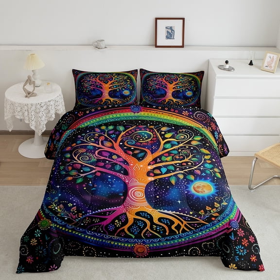 Erosebridal Hippie Life Tree Bedding Sets Queen with Comforter, Damask Print Duvet Insert, Mandala Floral Decor, Breathable 3pcs