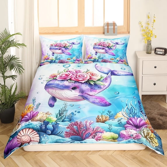 Erosebridal Sealife Whale Comforter Cover Twin,Marine Animal Bedding Twin Size,Uderwater World Decor,3Pcs