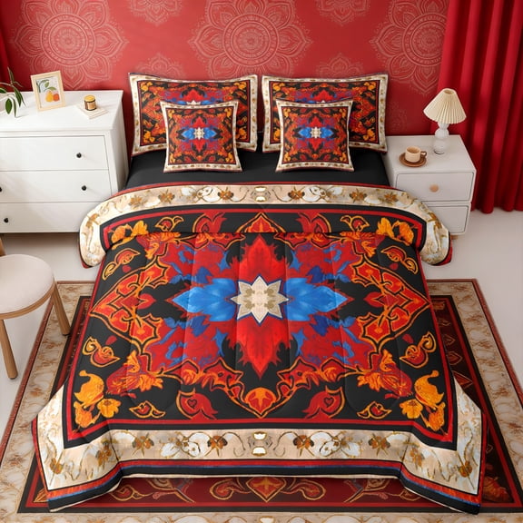 Erosebridal Hippie Mandala Bedding Comforter Set, Bohemian Floral King Bedding Sets, Red Black, Black Reversible 7pcs