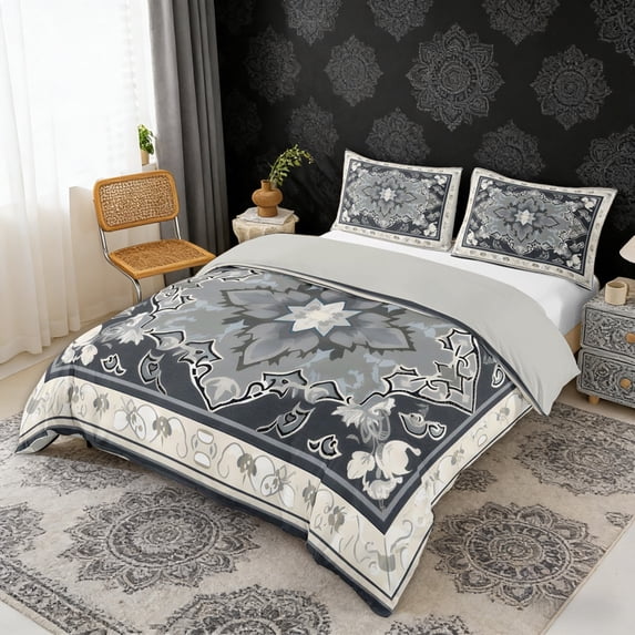 Erosebridal Hippie Mandala Duvet Cover Set, Bohemian Floral Bedding Full, Gray Reversible 3-Piece, 1 Duvet Cover and 2 Pillowcases (No Comforter)