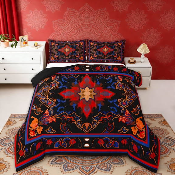 Erosebridal Hippie Mandala Queen Comforter Set, Bohemian Floral Bedding Comforter Set, Black Red, Black Reversible 3pcs, 1 Comforter and 2 Pillowcases