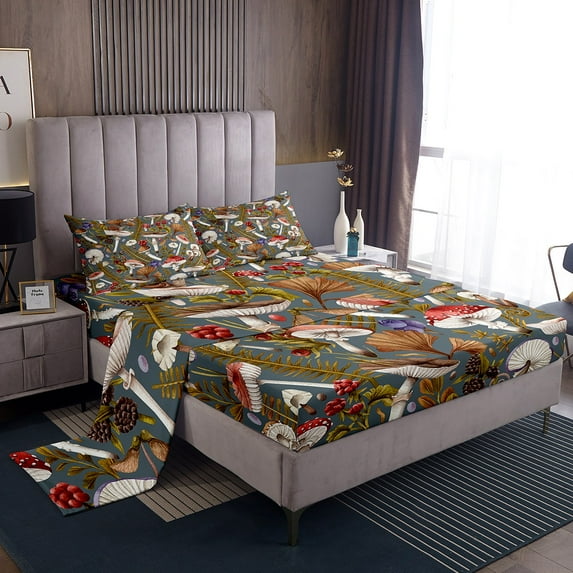 Erosebridal Hippie Mushroom Bed Sheets Set Brown Red Natural Fungus Twin Size Sheet Sets, Purple Mushrooms Sheets Grey Bed Set, Watercolor Botanical Plants Flat Sheet Lightweight