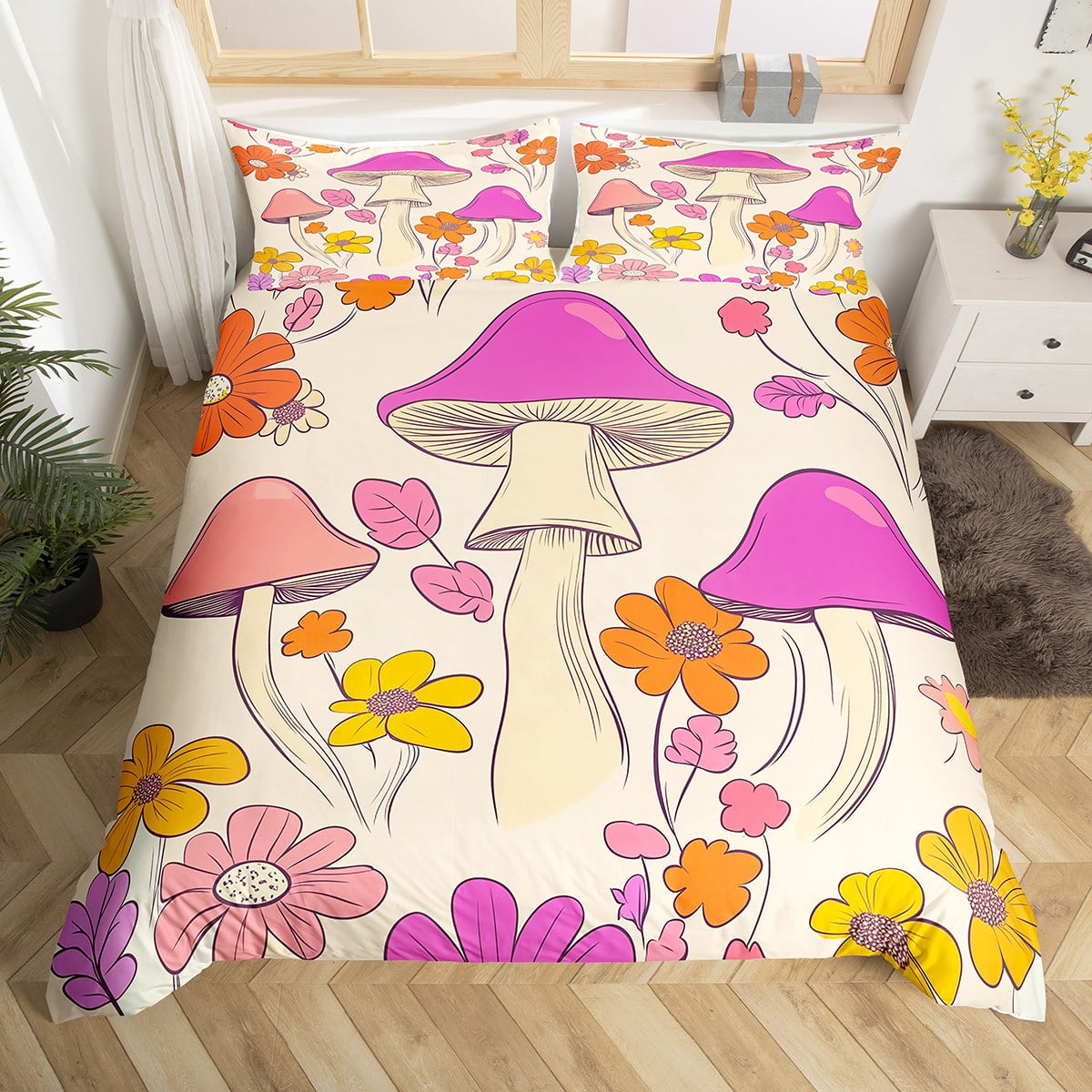 Erosebridal Hippie Mushroom Duvet Cover Twin, Groovy Floral Bedding ...