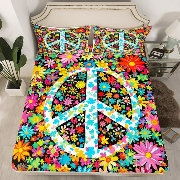 Erosebridal Hippie Peace Sign Fitted Sheet Set Queen,Floral Flower Fitted Sheet Queen,Teens Bedroom Decor,Ultra Soft,3pcs(No Top Sheet)