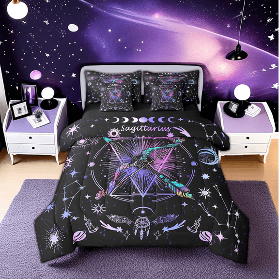 Erosebridal Hippie Sagittarius Bedding Sets Twin Size, Trippy Astrology Comforter Sets with Sheets, Horoscope Constellations Room Decor, Reversible 7-Piece