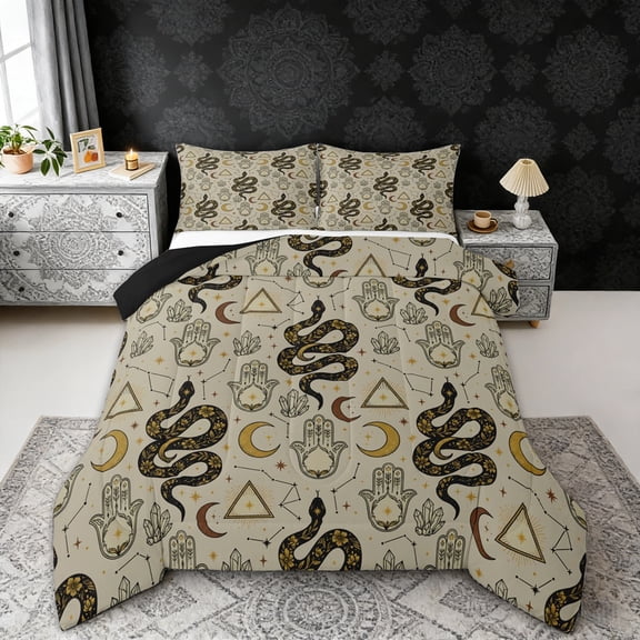 Erosebridal Hippie Snake Full Size Comforter Sets, Boho Moon Astrology Bedding Sets, Black Reversible 3 Pieces, 1 Comforter and 2 Pillowcases