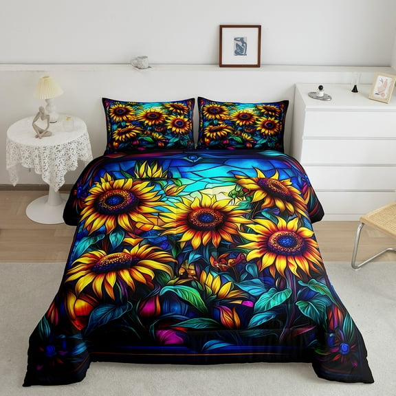Erosebridal Hippie Sunflower Bedding Sets King with Comforter, Mandala Flower Duvet Insert, Oli Printing Decor, Microfiber 3pcs