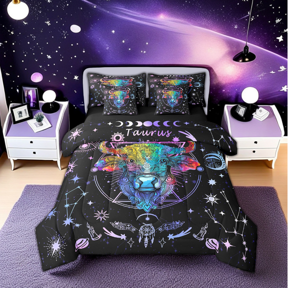 Erosebridal Hippie Taurus Bedding Sets Twin Size, Trippy Astrology Comforter Sets with Sheets, Horoscope Constellations Bedroom Decor, Reversible 7-Piece