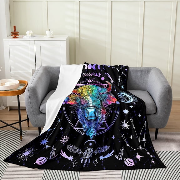 Erosebridal Hippie Taurus Throw Blanket for Couch 90x90, Trippy Astrology Plush Blanket, Horoscope Constellations Bedroom Decor