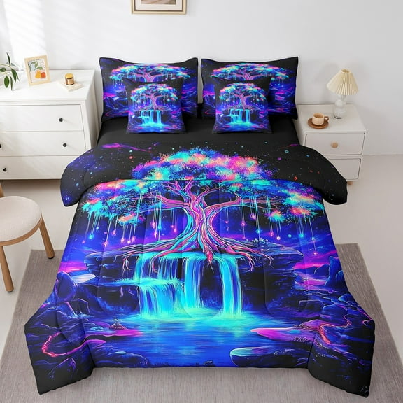 Erosebridal Hippie Tree of Life Bed in a Bag Full Size, Gradient Waterfall Bed Set, Nature Theme Room Decor, Breathable 7-Piece