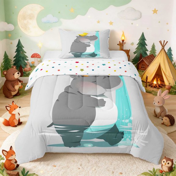 Erosebridal Hippo Twin Comforter Sets for Boys Girls, Bath Time Bedding Set, Polka Dots Reversible 2-Piece 1 Comforter and 1 Pillowcase